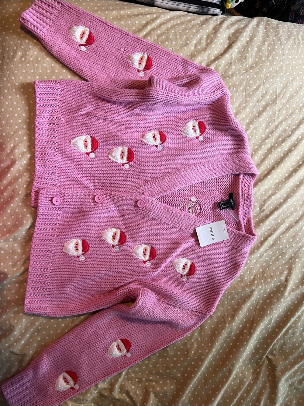Forever 21 Pink Santa Embroidered V‑Neck Cardigan